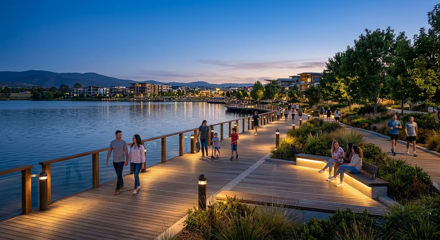 Indicative only, not Qaydan City — lake boardwalk mood reference